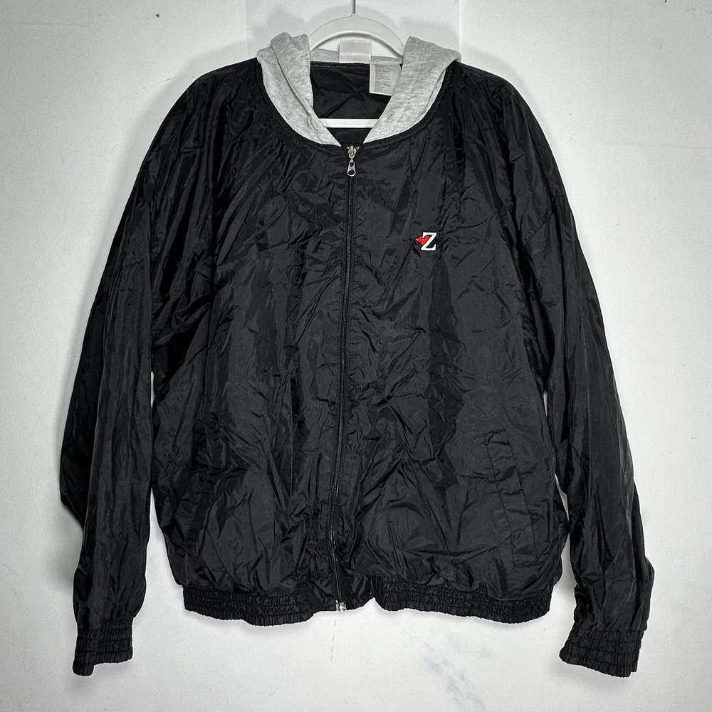 Jerzees XL Black Nylon Hooded Windbreaker Jacket‎ Fleece Lined Full Zip Z Logo